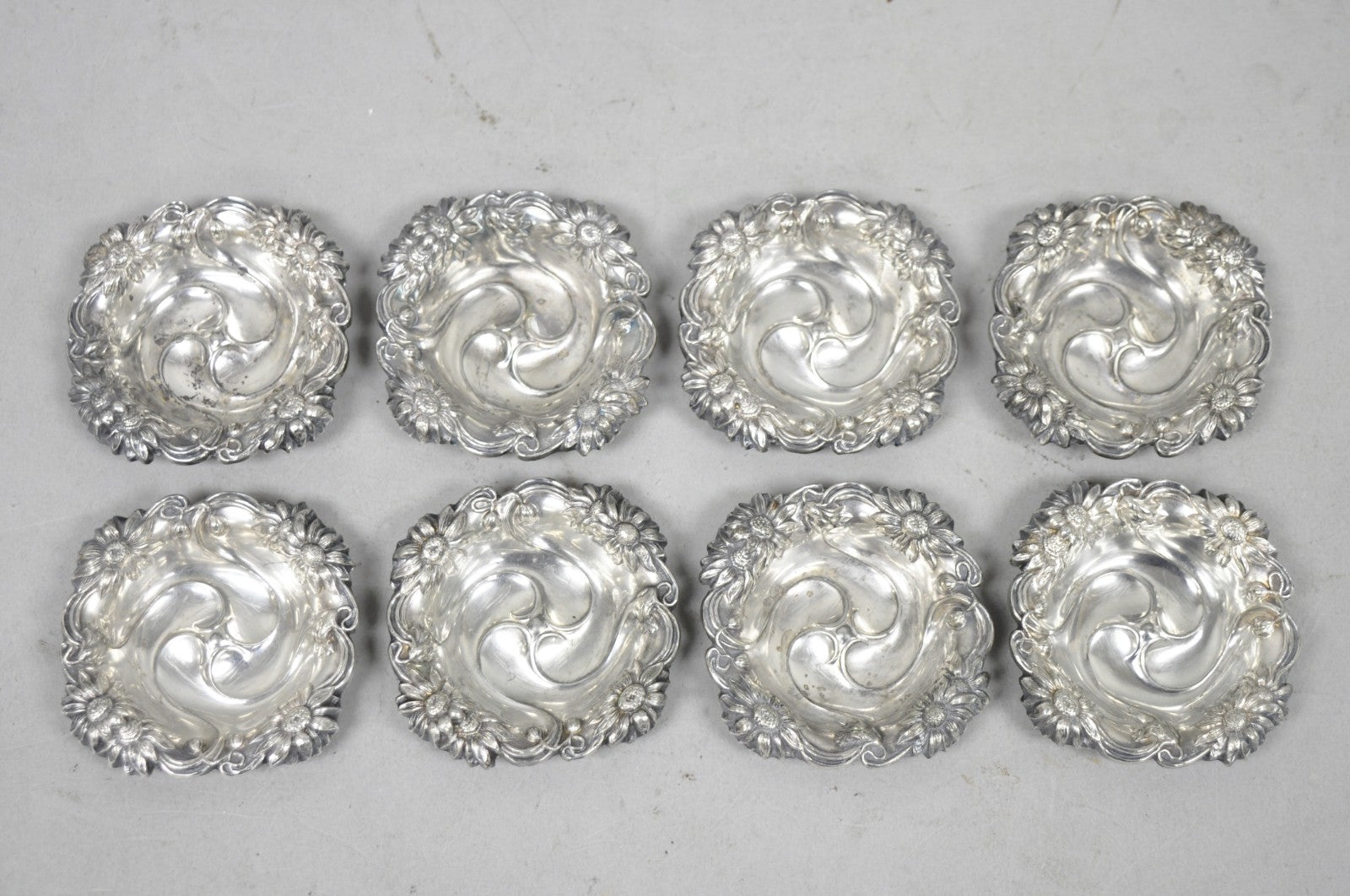 Antique English Art Nouveau Silver Plated Floral Repousse Nut Dish Bowl Set of 8
