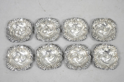 Antique English Art Nouveau Silver Plated Floral Repousse Nut Dish Bowl Set of 8