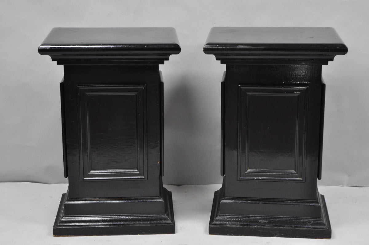 Vintage French Empire Style Black Lacquer Painted Pedestal Column End Table Pair