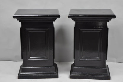 Vintage French Empire Style Black Lacquer Painted Pedestal Column End Table Pair