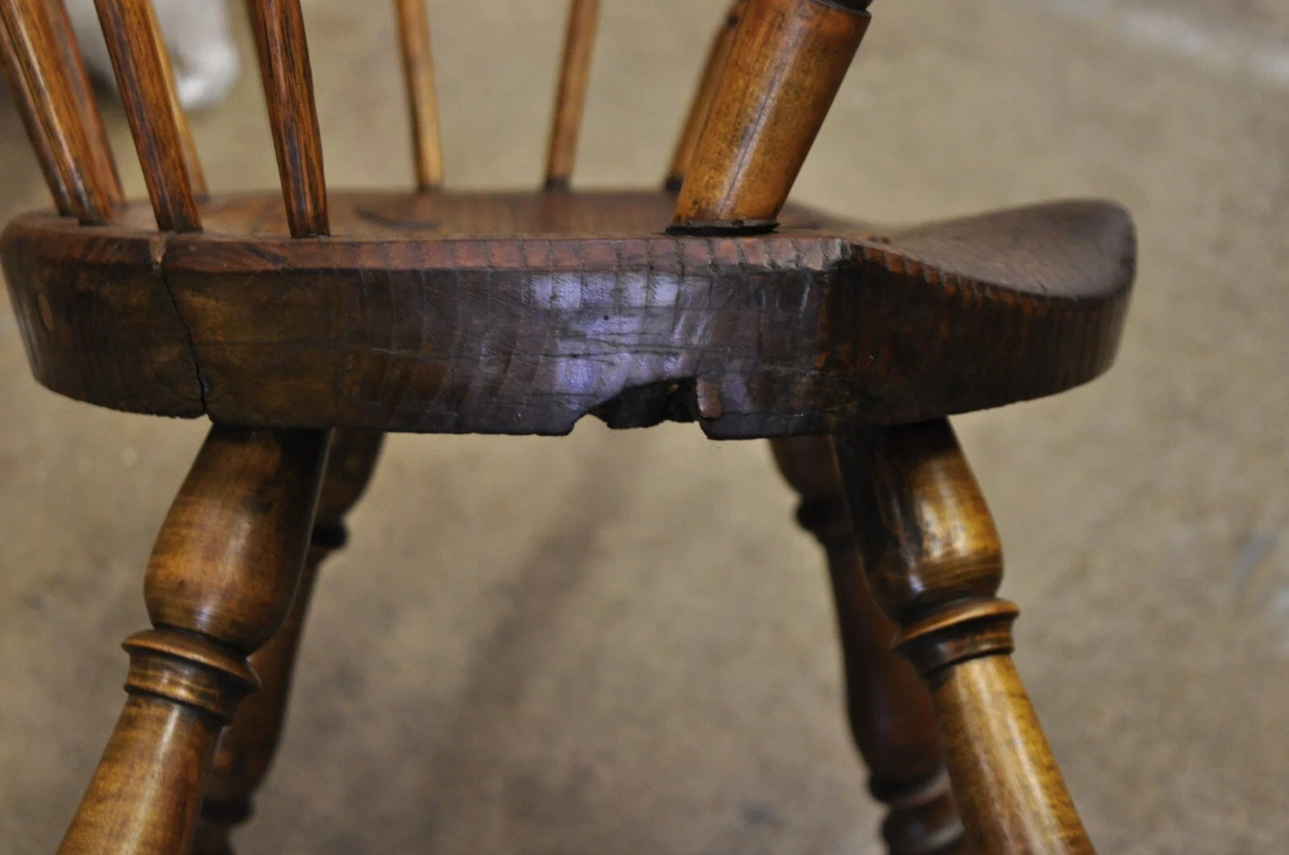 Antique French Country Colonial Chestnut Oak Wood Small Bowed Windsor Arm Chair
