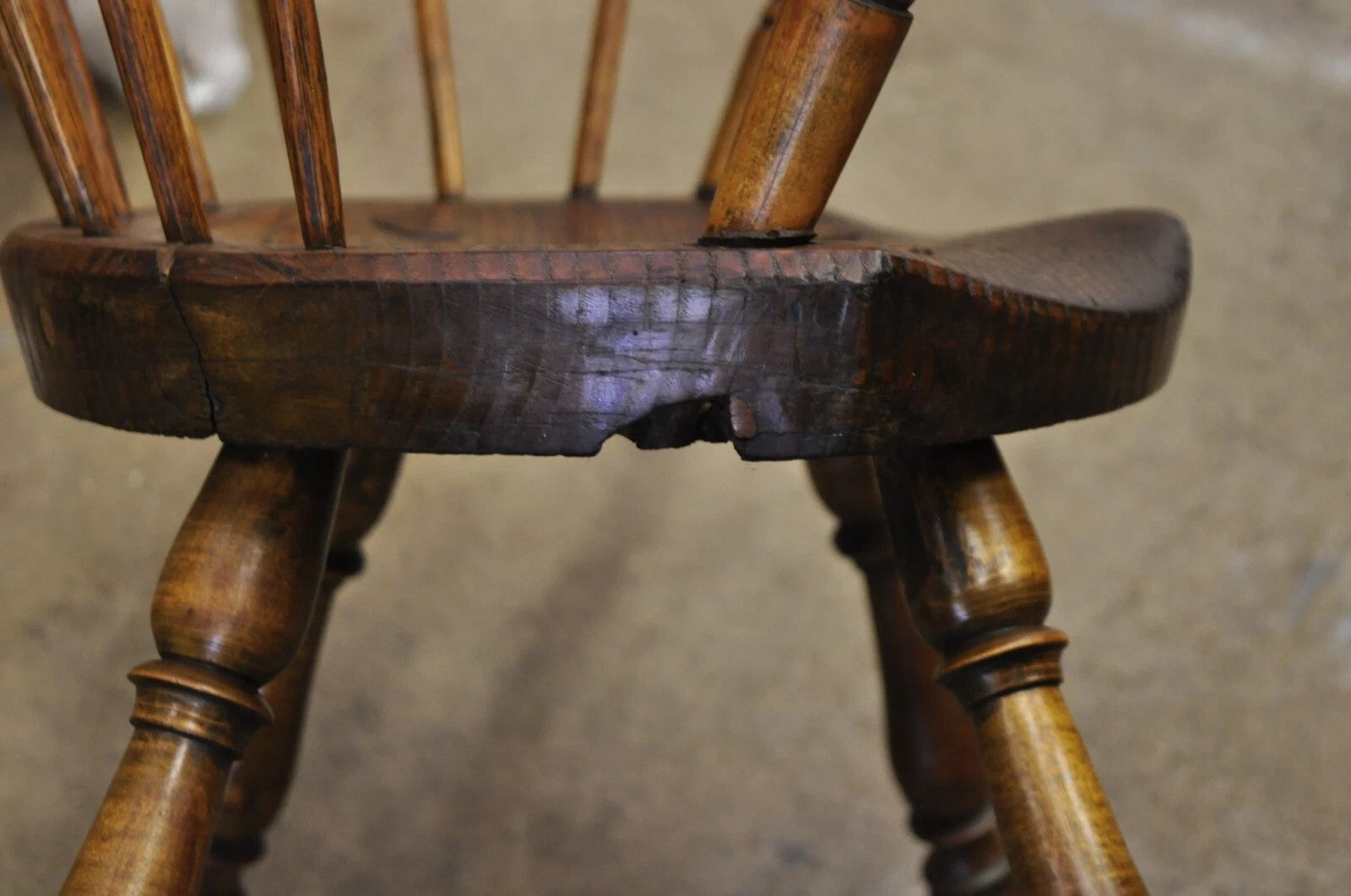Antique French Country Colonial Chestnut Oak Wood Small Bowed Windsor Arm Chair