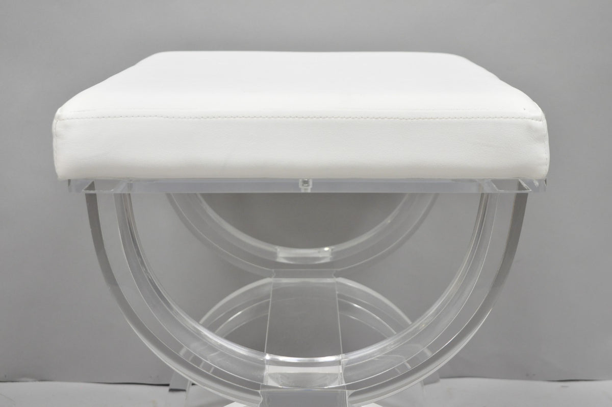 Contemporary Modern Lucite Acrylic X-Form White Vanity Bench Stool Seat