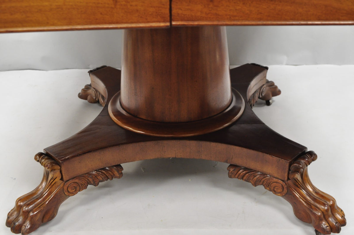 Antique American Empire 54" Square Mahogany Paw Foot Pedestal Base Dining Table
