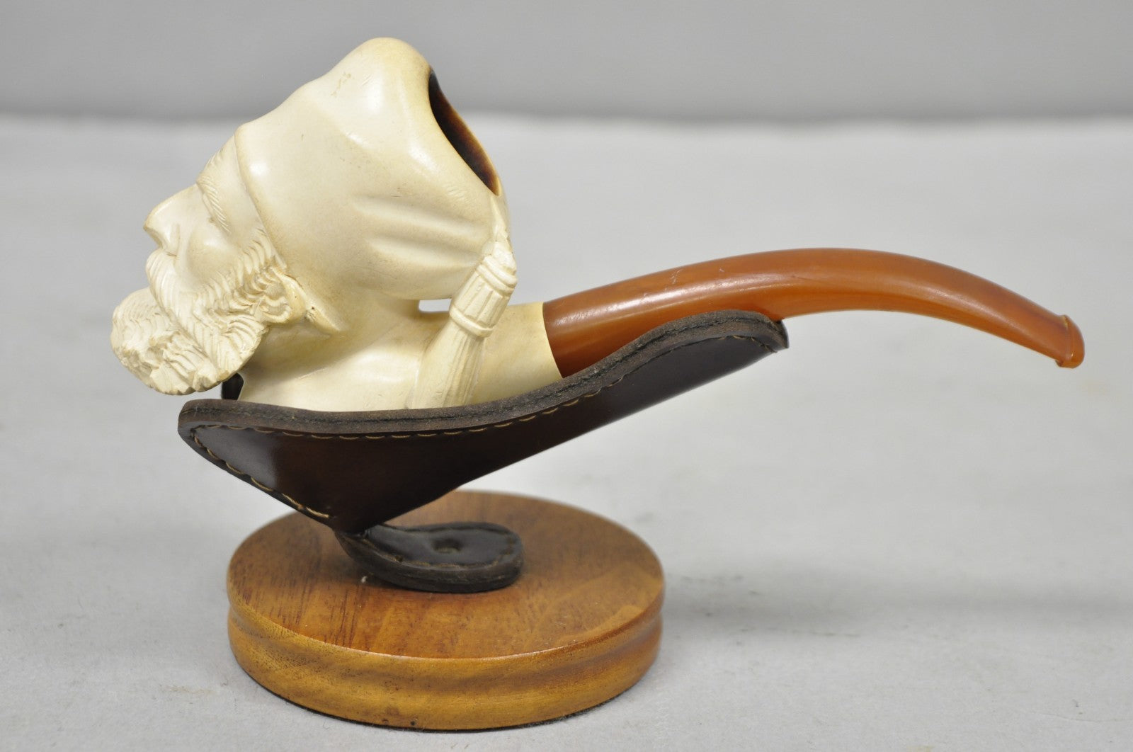 Vintage Turkish Meerschaum Figural Hand Carved Bearded Man Pipe on Walnut Stand
