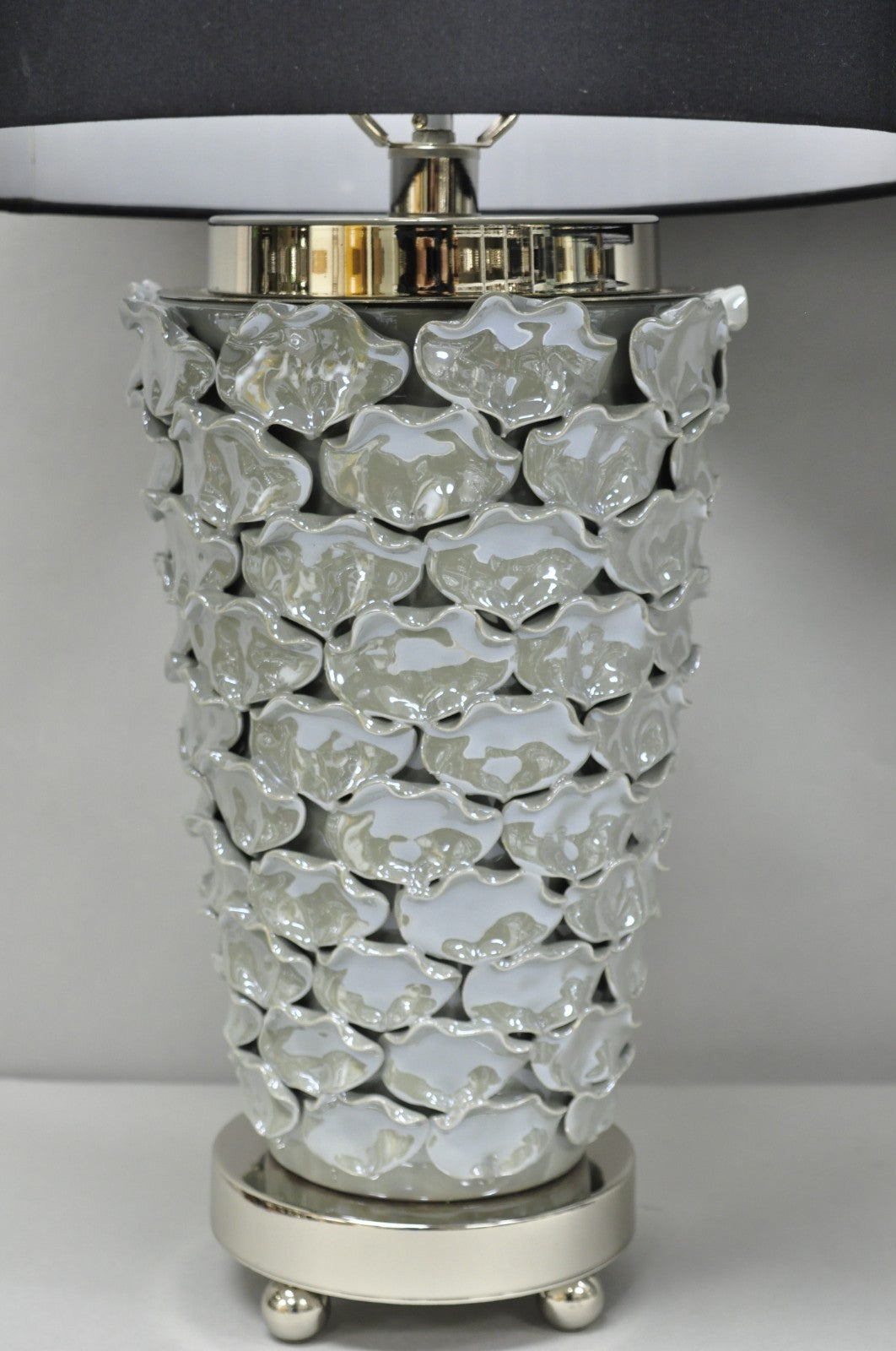 Contemporary Modern Gray Porcelain Leaf Leaves Chrome Table Lamps - a Pair