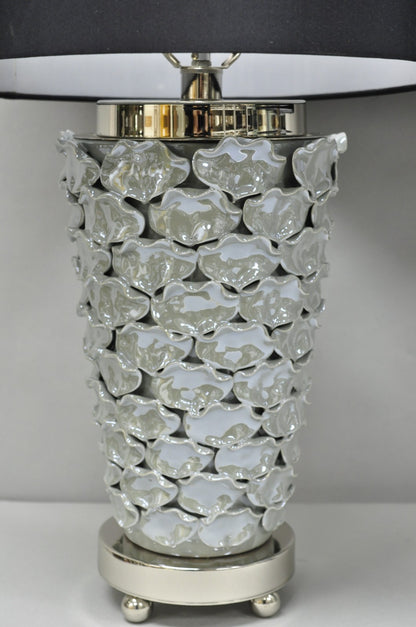 Contemporary Modern Gray Porcelain Leaf Leaves Chrome Table Lamps - a Pair