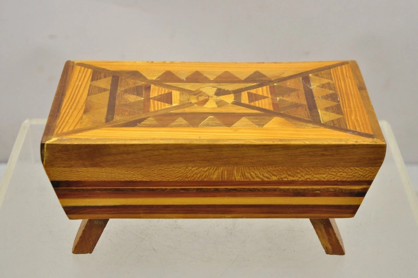 Vintage Folk Art Marquetry Inlay Small Wooden Primitive Footstool Ottoman Stool
