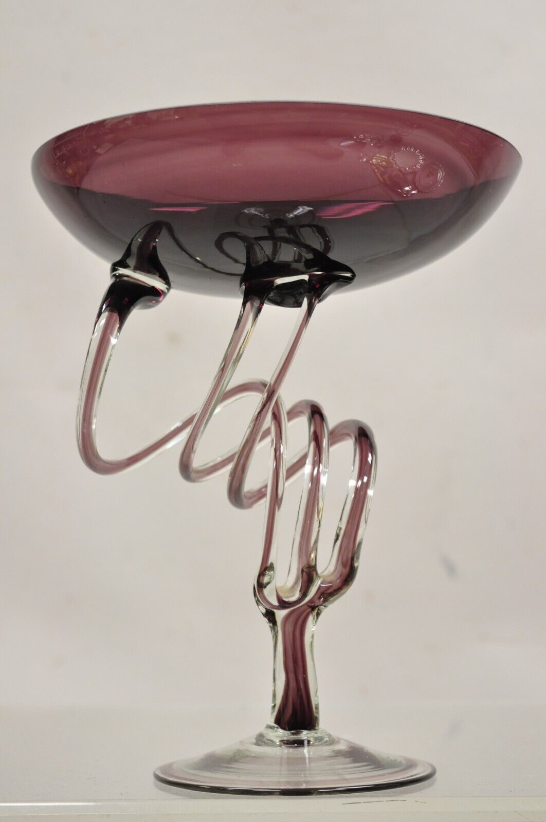 Vintage Hand Blown Italian Murano Style Purple Glass Swirl Compote Candy Dish