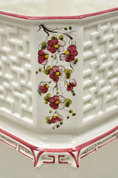 Vtg Italian Ceramic Octagonal Lattice Fretwork Pink Flower Garden Planter Pot