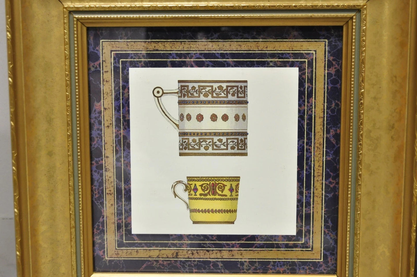 Vintage Artistic Innovations Gold Framed Wall Art Print Plate and Cups, 3 Pc Set