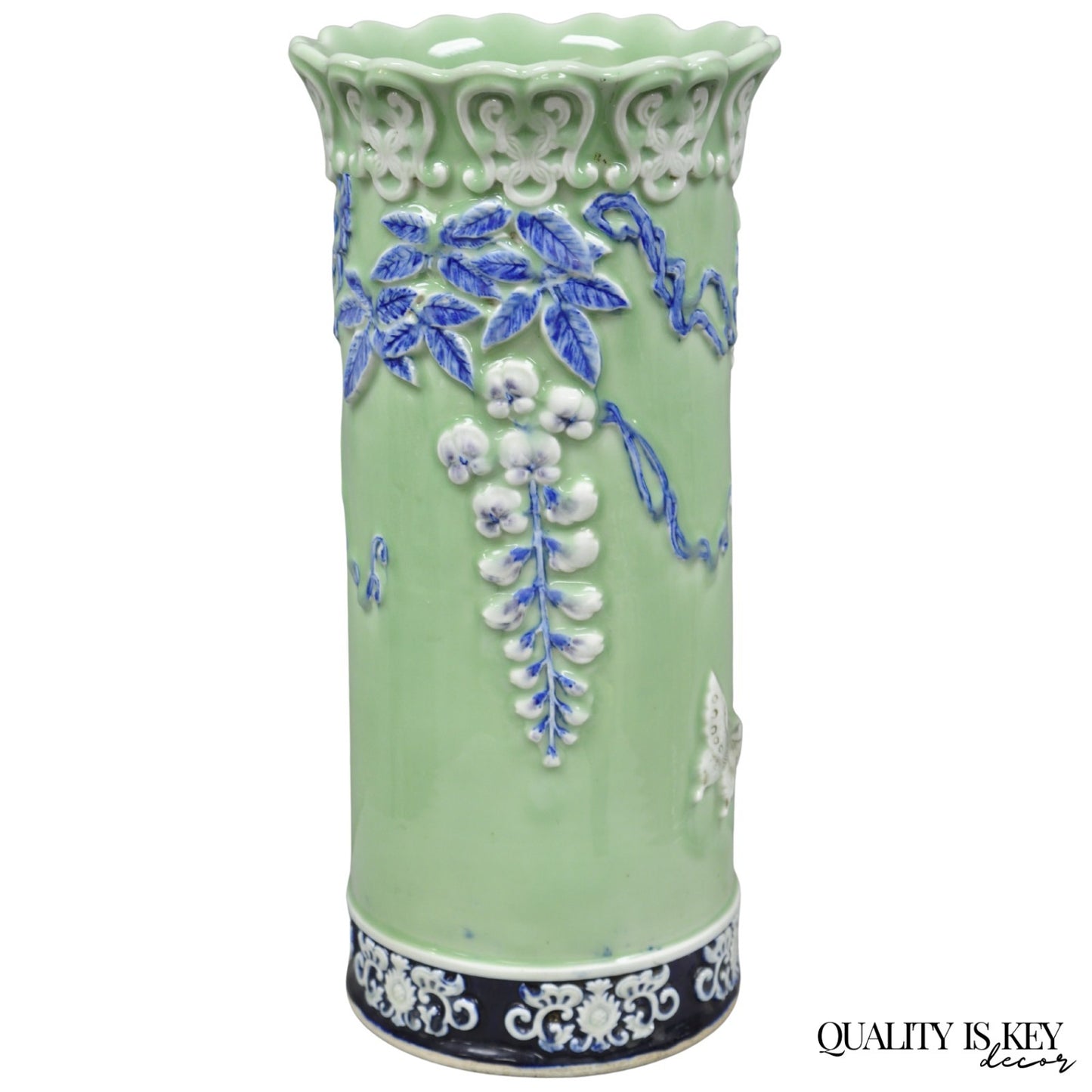Japanese Porcelain Glazed Celadon Wisteria Flower & Butterfly Umbrella Stand