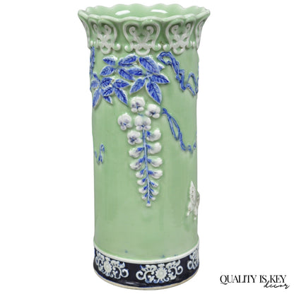 Japanese Porcelain Glazed Celadon Wisteria Flower & Butterfly Umbrella Stand