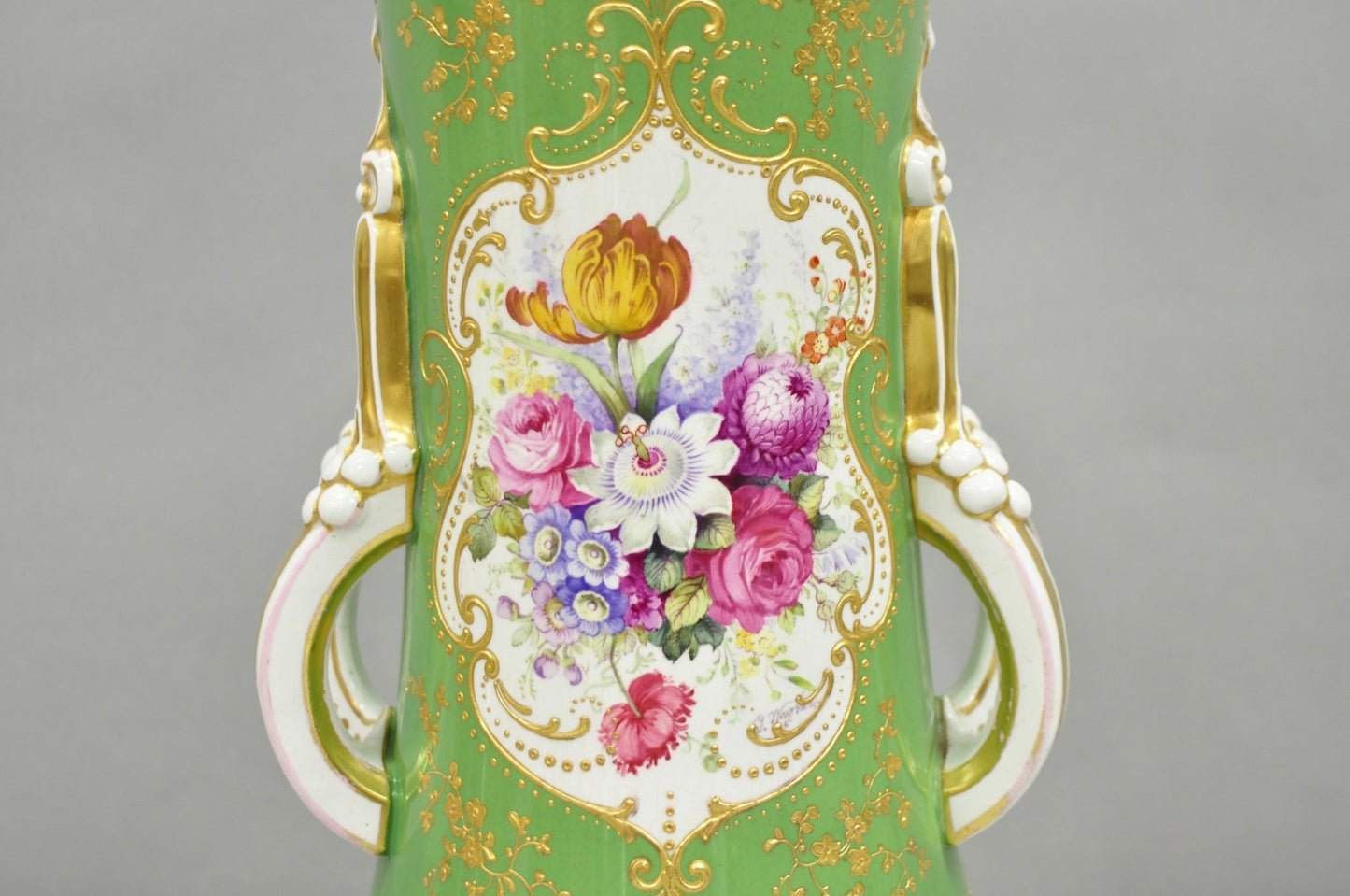 Antique Victorian Green Austrian Porcelain Hand Painted Flower French Table Lamp