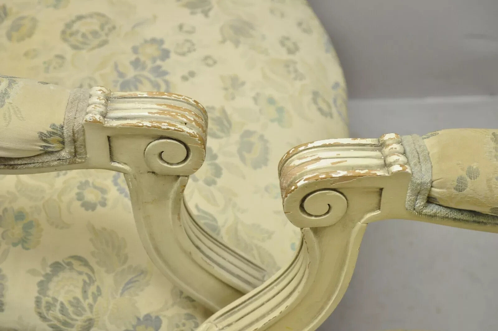 Vintage French Louis XVI Style Cream Painted Gold Gilt Lounge Arm Chairs - Pair