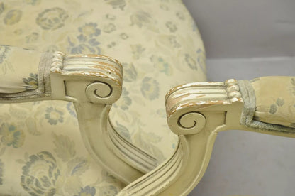 Vintage French Louis XVI Style Cream Painted Gold Gilt Lounge Arm Chairs - Pair