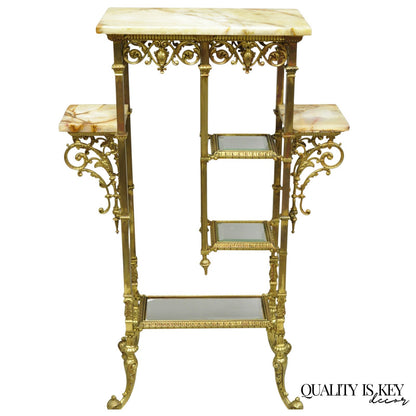 Antique Victorian Brass & Onyx Ornate Tiered Etagere Curio Display Stand Shelf