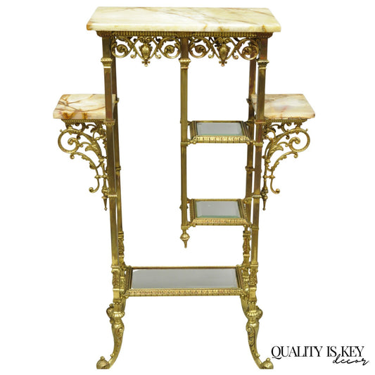 Antique Victorian Brass & Onyx Ornate Tiered Etagere Curio Display Stand Shelf