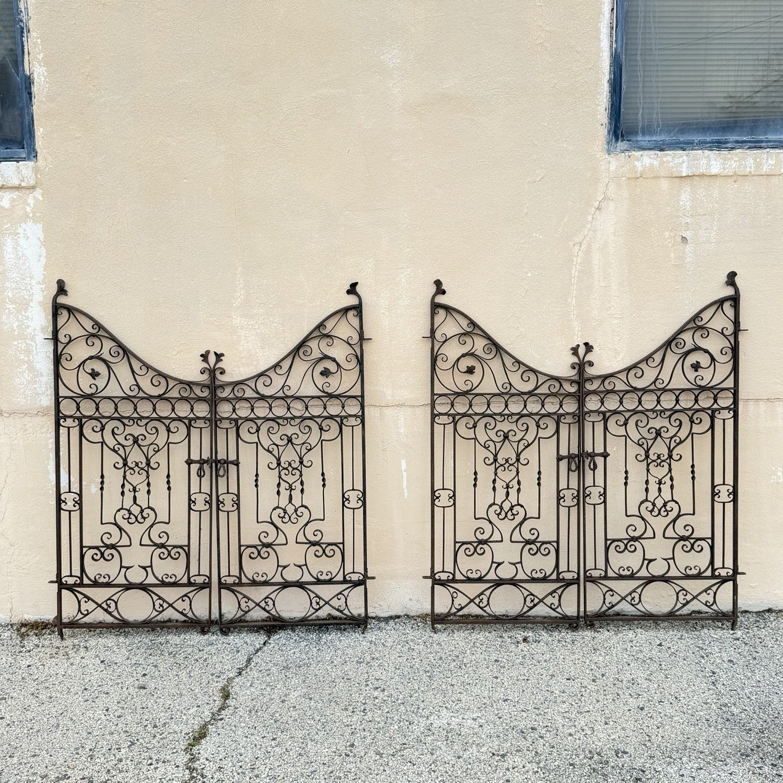 Antique Spanish Renaissance Scrolling Wrought Iron 57 x 47 Garden Entry Gate Set
