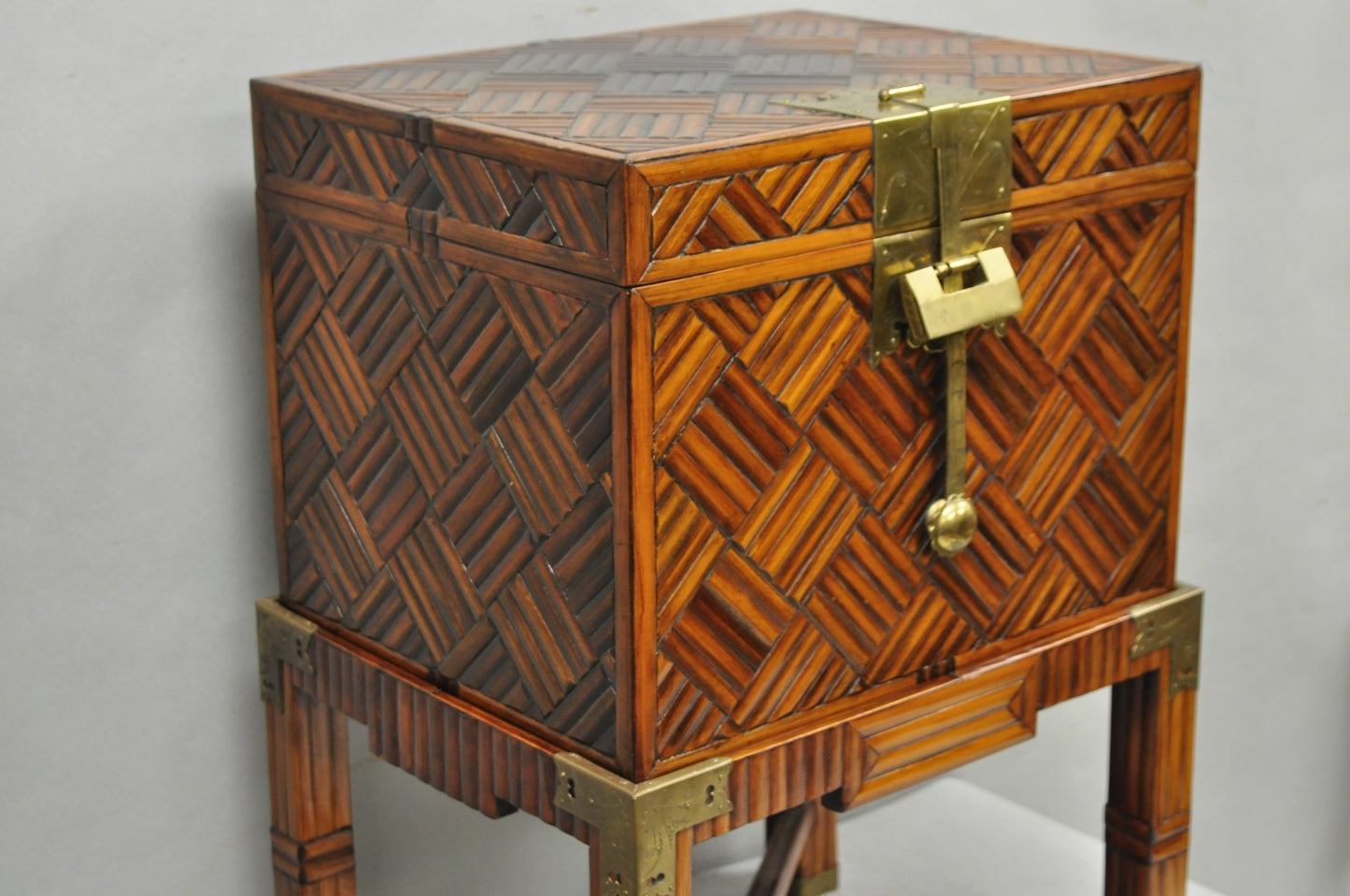 Furniture Classics Ltd Chinese Teak & Bamboo Campaign Chest Side Table on Stand