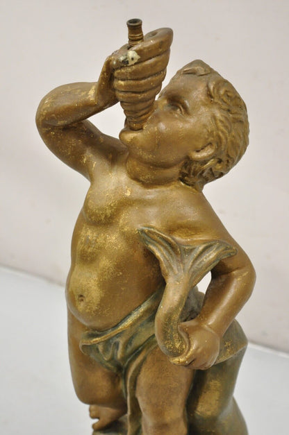 Antique Terracotta Italian Classical Boy Putti & Dolphin Statue Garden Fountain