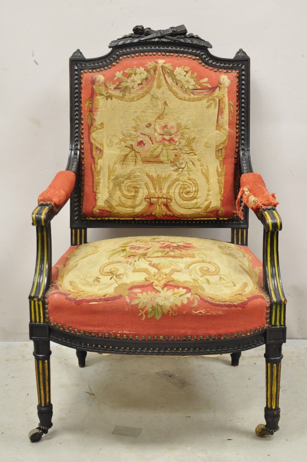 Antique French Empire Black Ebonized Walnut Needlepoint Parlor Arm Chair
