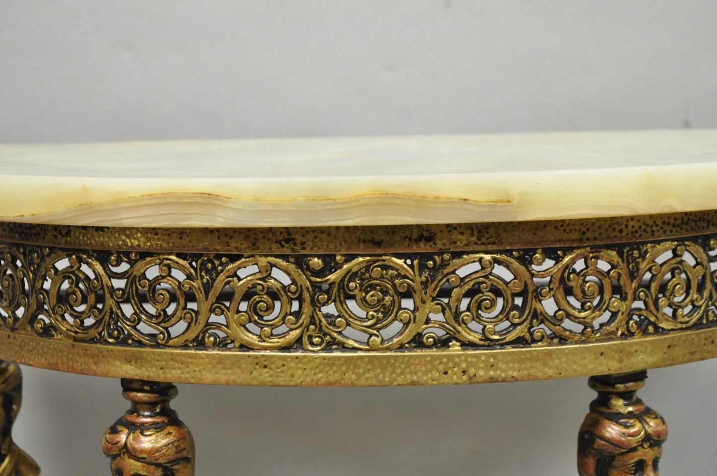 Antique Gothic Revival Oscar Bach Style Figural Bronze & Onyx Console Side Table