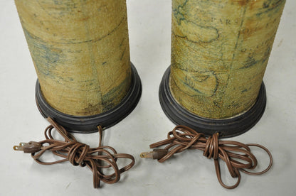 Vintage Regency Style European Old World Map Wrapped Cylinder Table Lamps - Pair