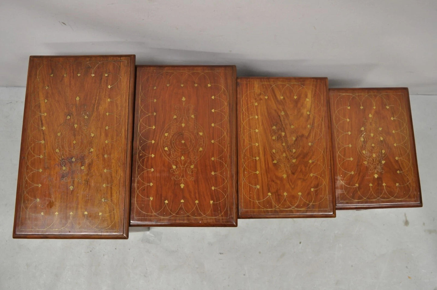 Antique Anglo Indian Brass Marquetry Inlay Nesting Side End Tables - Set of 4