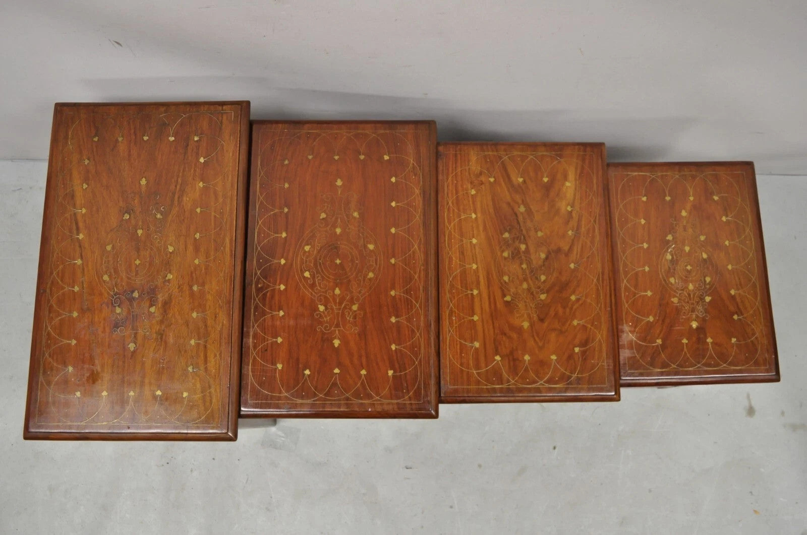 Antique Anglo Indian Brass Marquetry Inlay Nesting Side End Tables - Set of 4