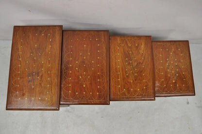 Antique Anglo Indian Brass Marquetry Inlay Nesting Side End Tables - Set of 4
