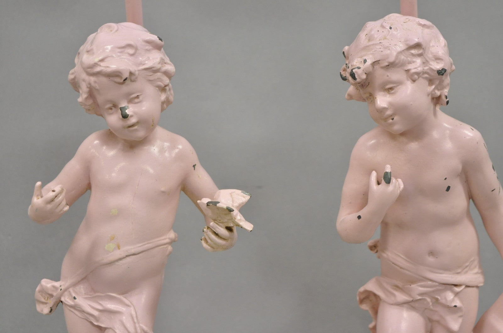 Antique French Renaissance Figural Spelter Metal Figural Cherub Table Lamps Pair