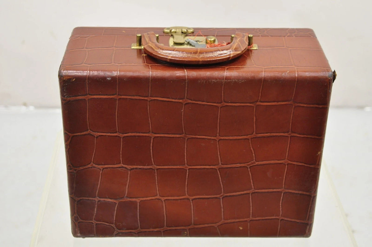 Vintage Brown Leather Art Deco Faux Crocodile Small Toiletry Travel Vanity Case