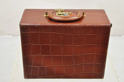 Vintage Brown Leather Art Deco Faux Crocodile Small Toiletry Travel Vanity Case