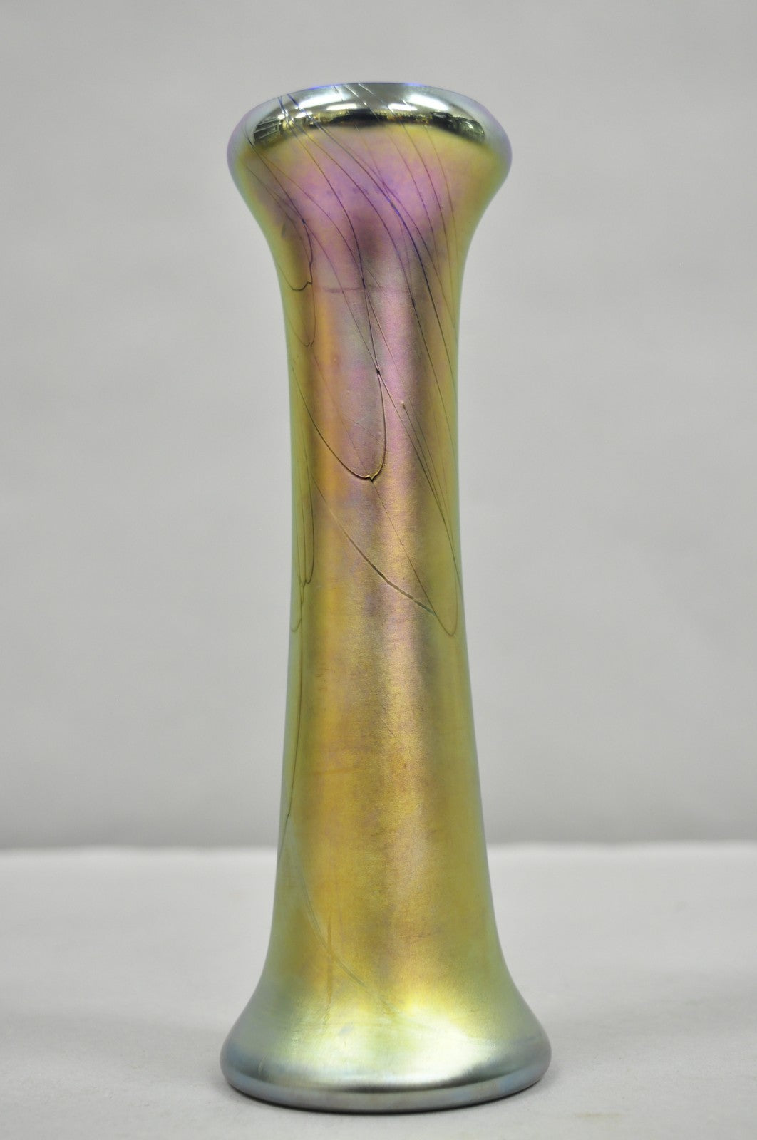 Vintage Steven Maslach 1987 Signed Iridescent & Cobalt Blue Art Glass Vase