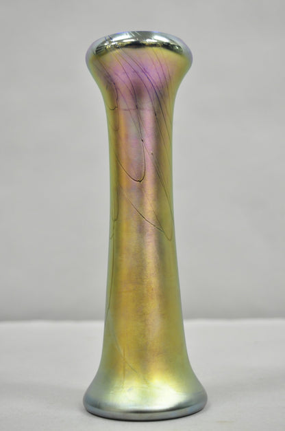Vintage Steven Maslach 1987 Signed Iridescent & Cobalt Blue Art Glass Vase
