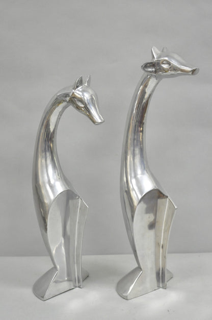 Vintage Mid Century Modern Cast Aluminum Silver Giraffe Sculptures - a Pair
