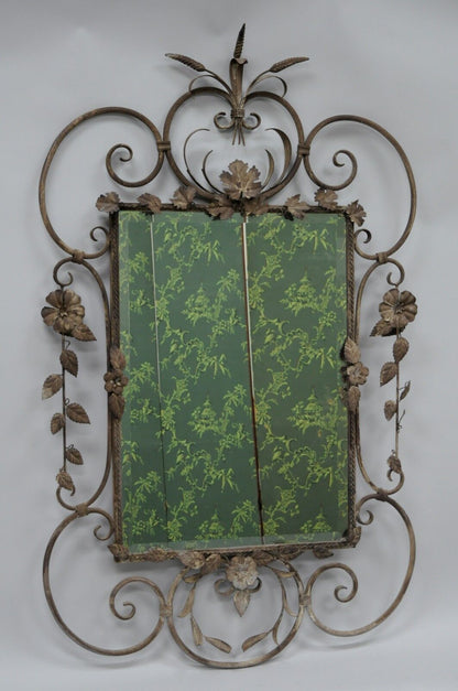 Italian Hollywood Regency Iron Tole Metal Wheat Sheaf Scroll Wall Mirror 50 x 31