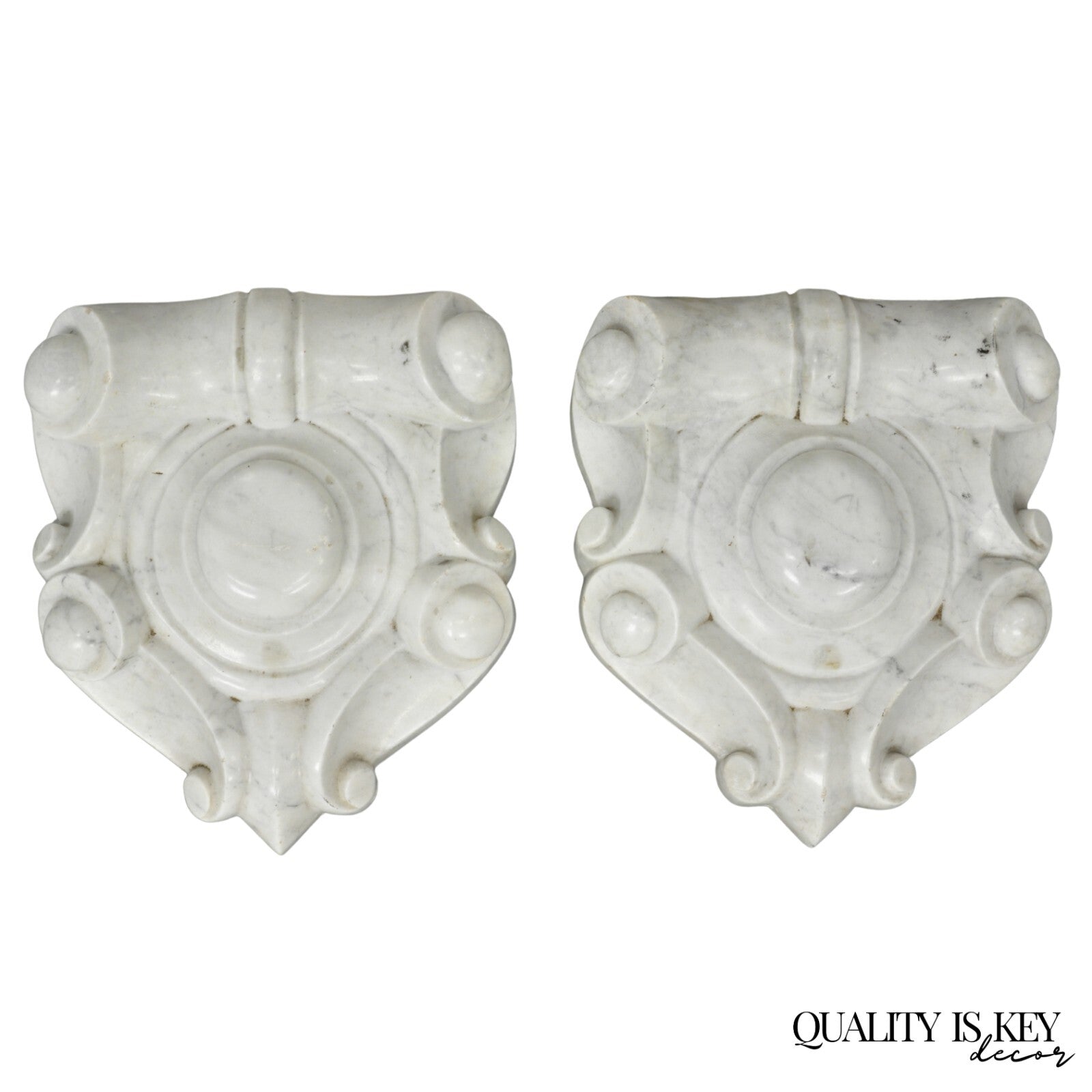 Antique Neoclassical Carved Marble Mantel Keystone Architectural Element - Pair