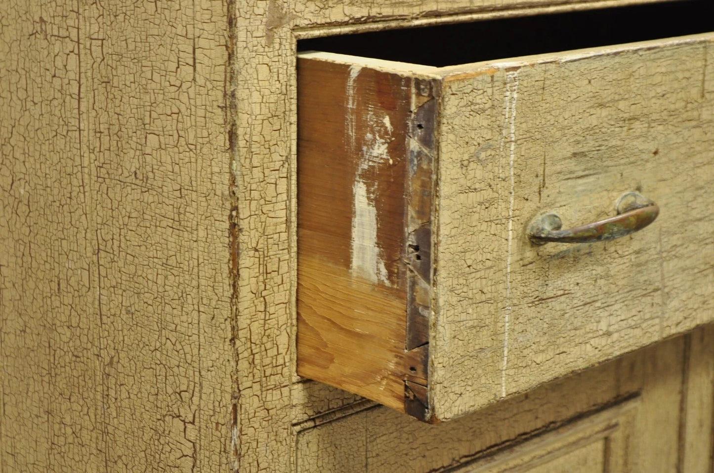 Antique French Country Farmhouse Beige Distressed Paint Kitchen Cupboard Cabinet