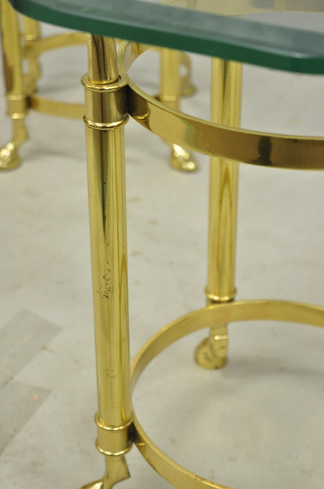 Vintage Hollywood Regency Brass Hoof Foot Glass Top Graduating Side Table - Pair