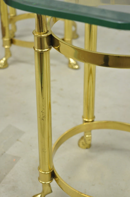 Vintage Hollywood Regency Brass Hoof Foot Glass Top Graduating Side Table - Pair