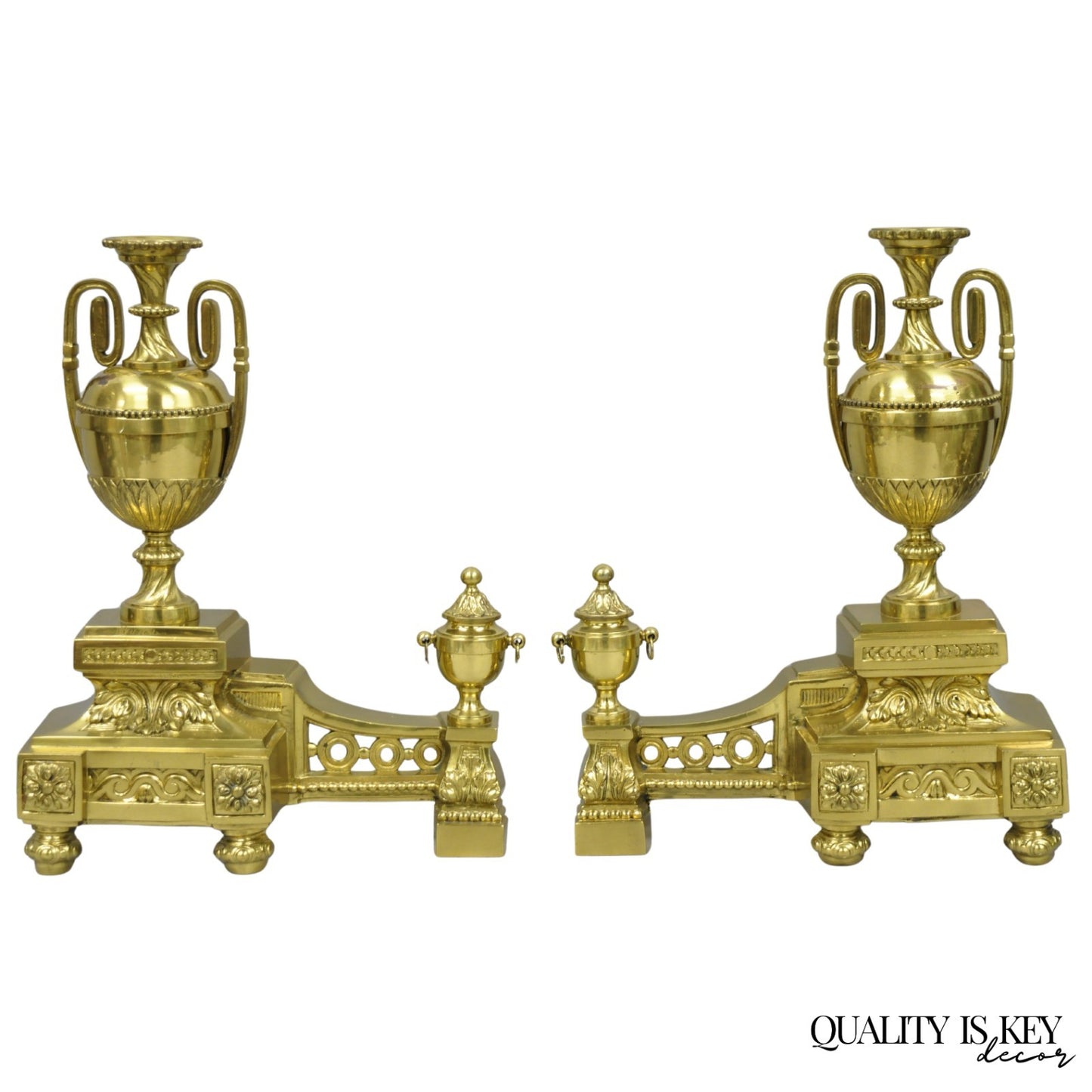 Vintage French Empire Style Gold Brass Urn Fireplace Chenet Andirons - a Pair