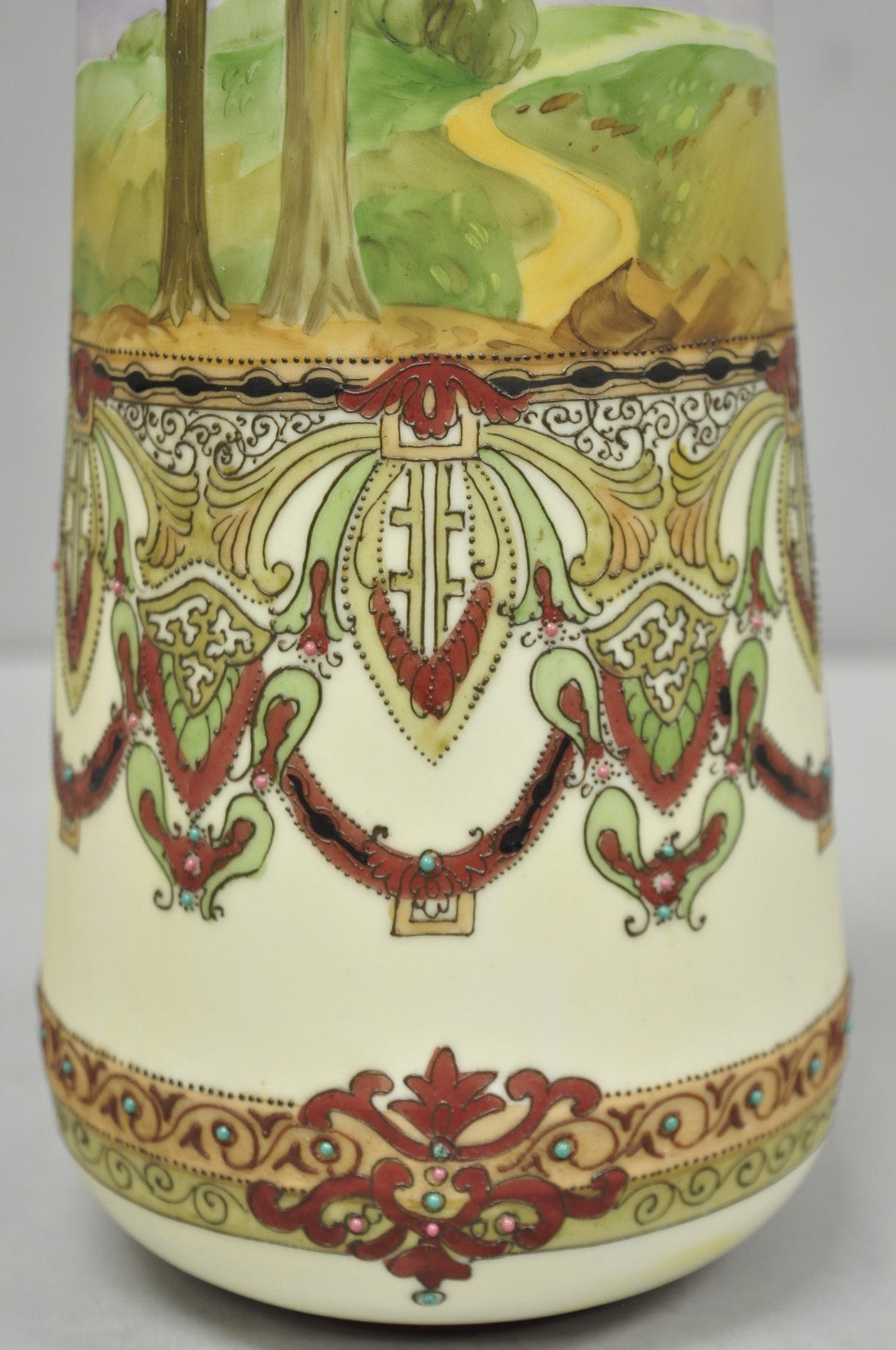 Antique Nippon Hand Painted Porcelain Countryside Moriage Tall Twin Handle Vase
