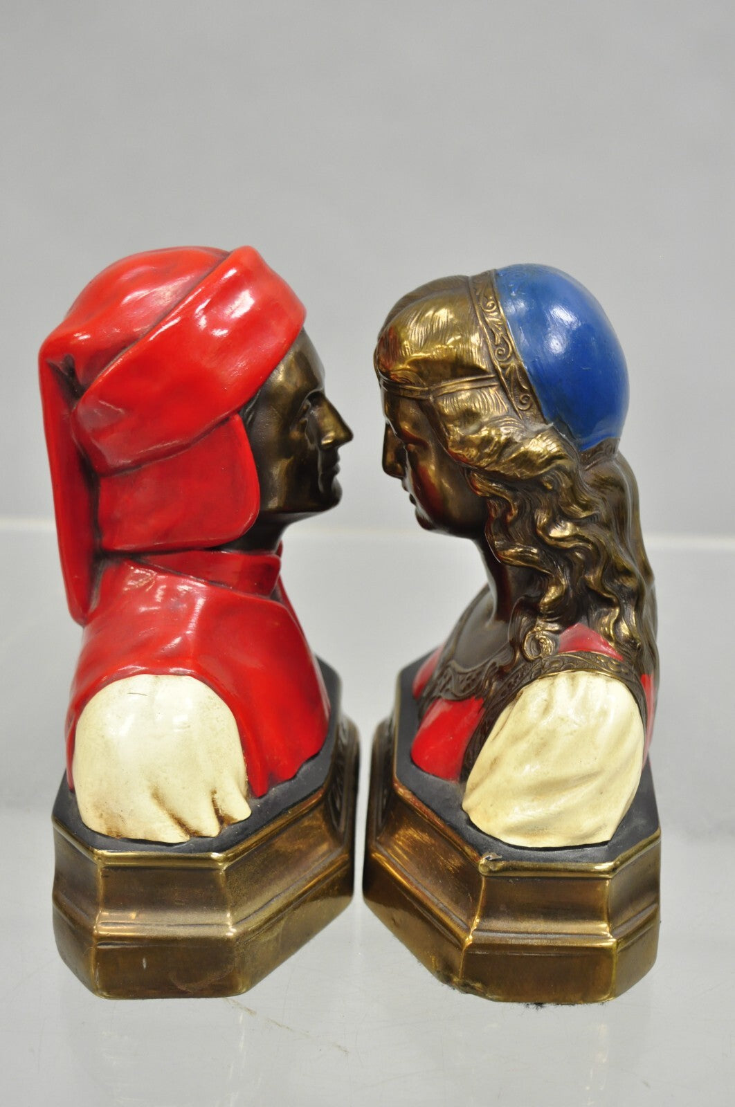 Antique Dante & Beatrice Painted Figural Bronze Bust Bookends - a Pair