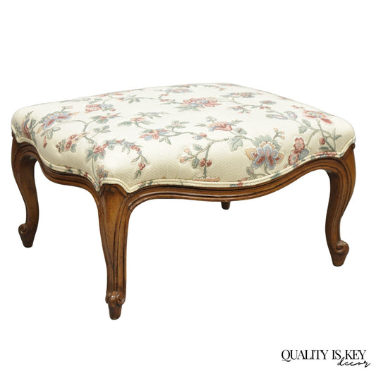 Vintage French Country Louis XV Carved Walnut Pink Floral Footstool Ottoman