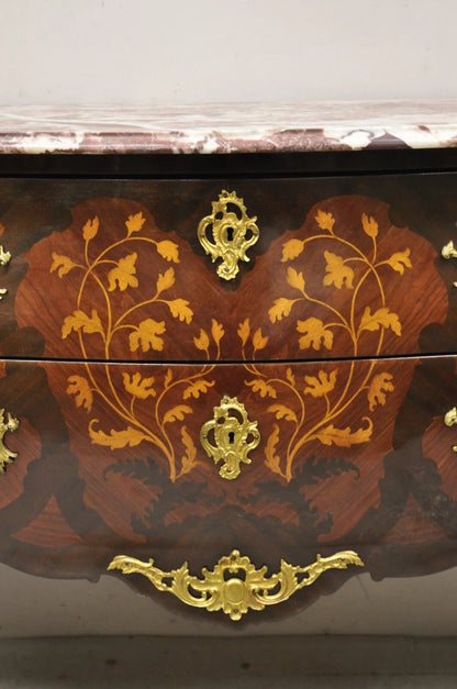 French Louis XV Style Marble Top Marquetry Inlay & Bronze Bombe Commode Dresser
