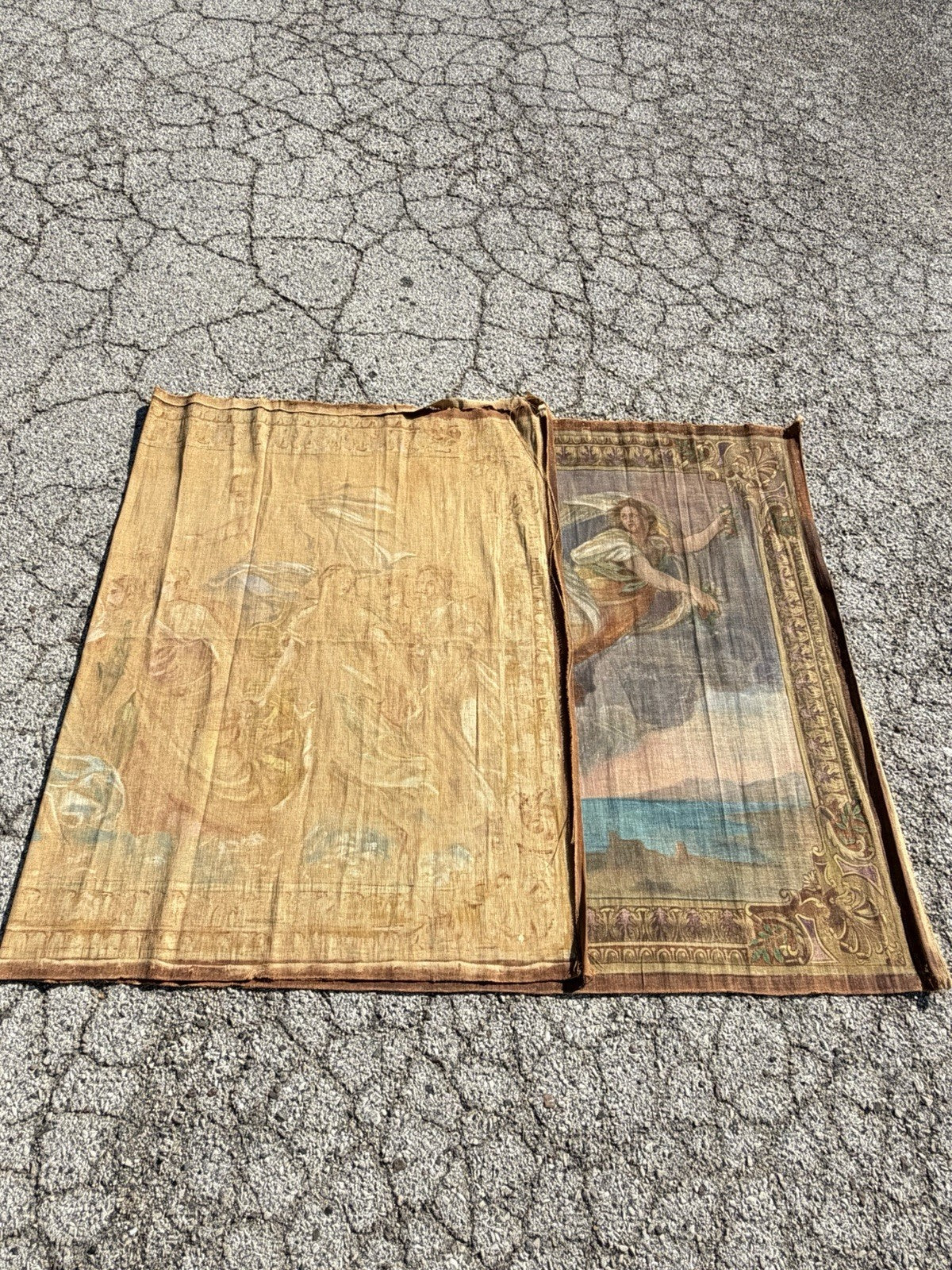 19th C. French Toile Peinte Hand Painted 112" Tapestry after Reni "The Aurora"