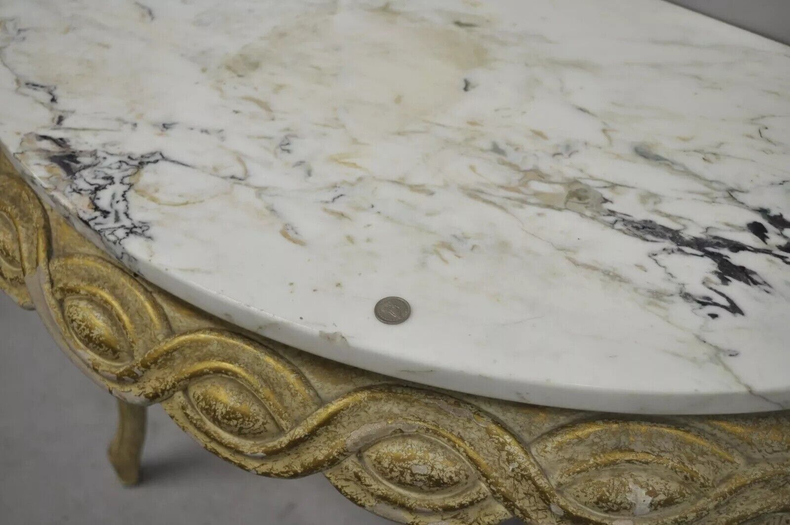 Italian Neoclassical Half Round Demilune Marble Top Ribbon Carved Console Table