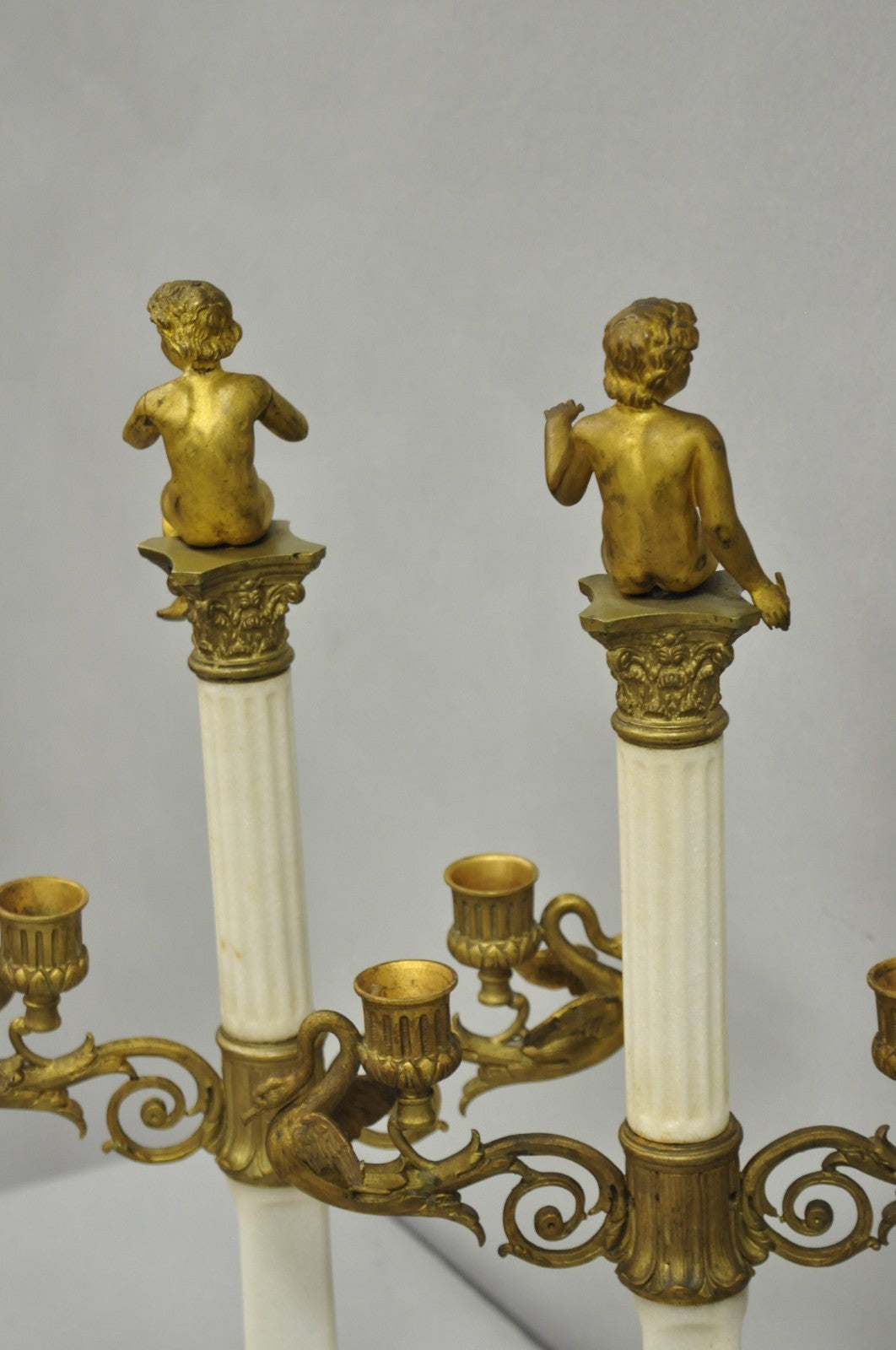 Antique French Neoclassical Bronze Swans Cherub Marble Column Candelabras - Pair